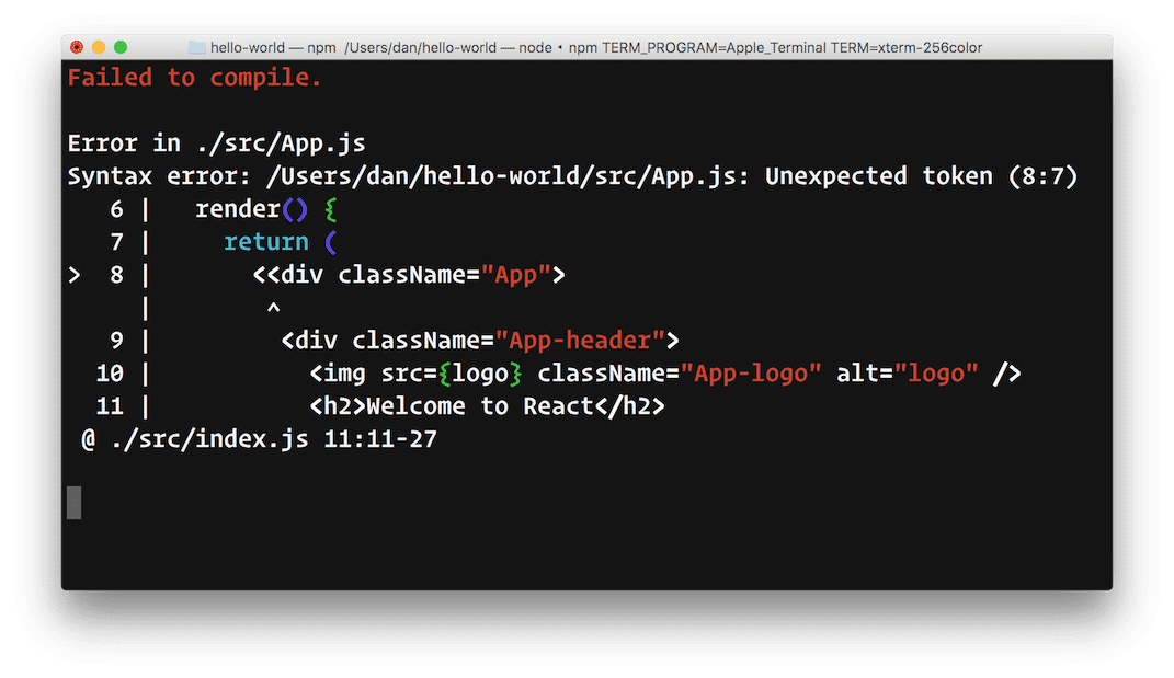 Error while compiling statement failed. Терминал node js. Ошибка в React. Node js Compiler. Hello World на node js.